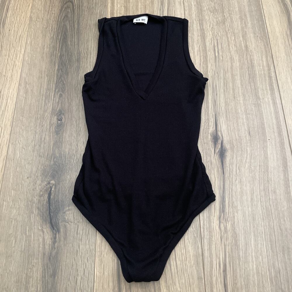 ALIX NYC Womens Black Stretch V Neck Sleeveless Thong Bodysuit Top Size XS
